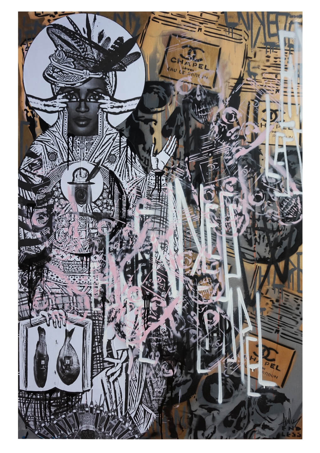 NAOMI FISH CHAPEL, 101 x 152cm, mixed media on canvas with a resin finish 